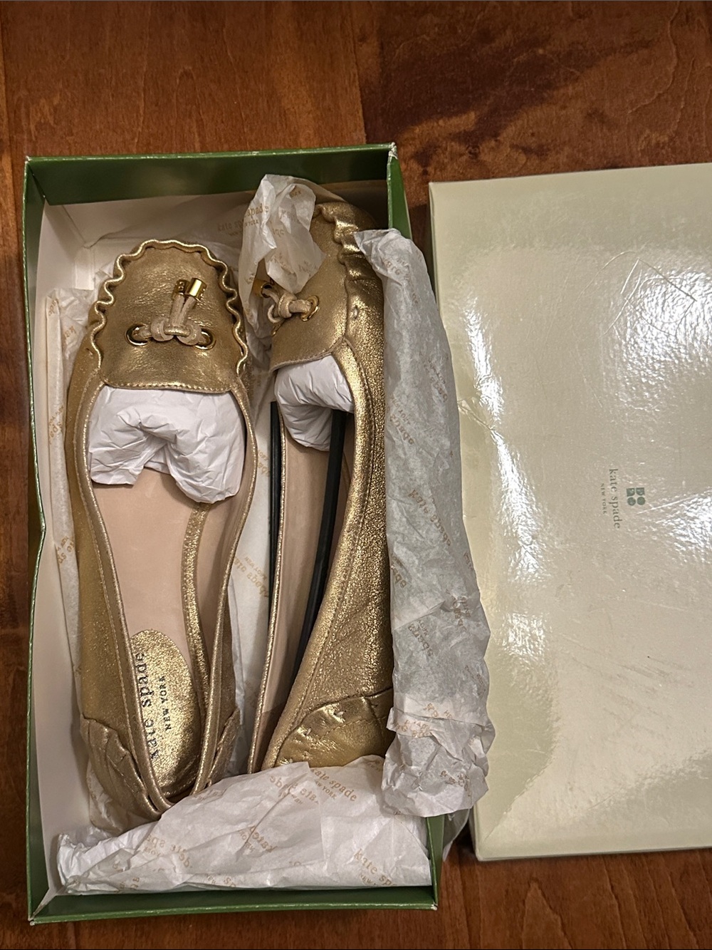 kate spade Metallic Gold Bow-Trim Leather Ballet Flats